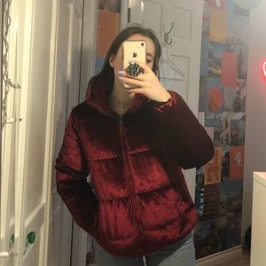 Red velvet puffer jacket